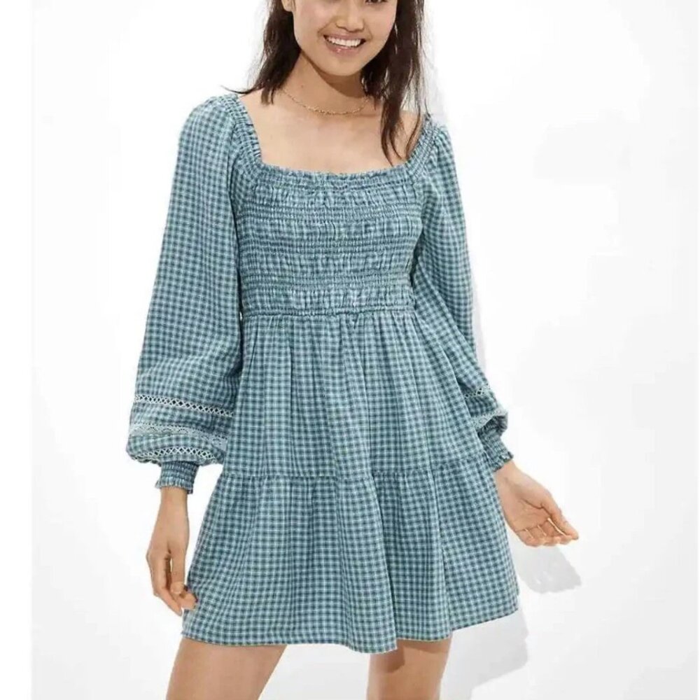 American Eagle Size L Green Plaid Mini Dress Puff Sleeve Smocked Waist Peasant